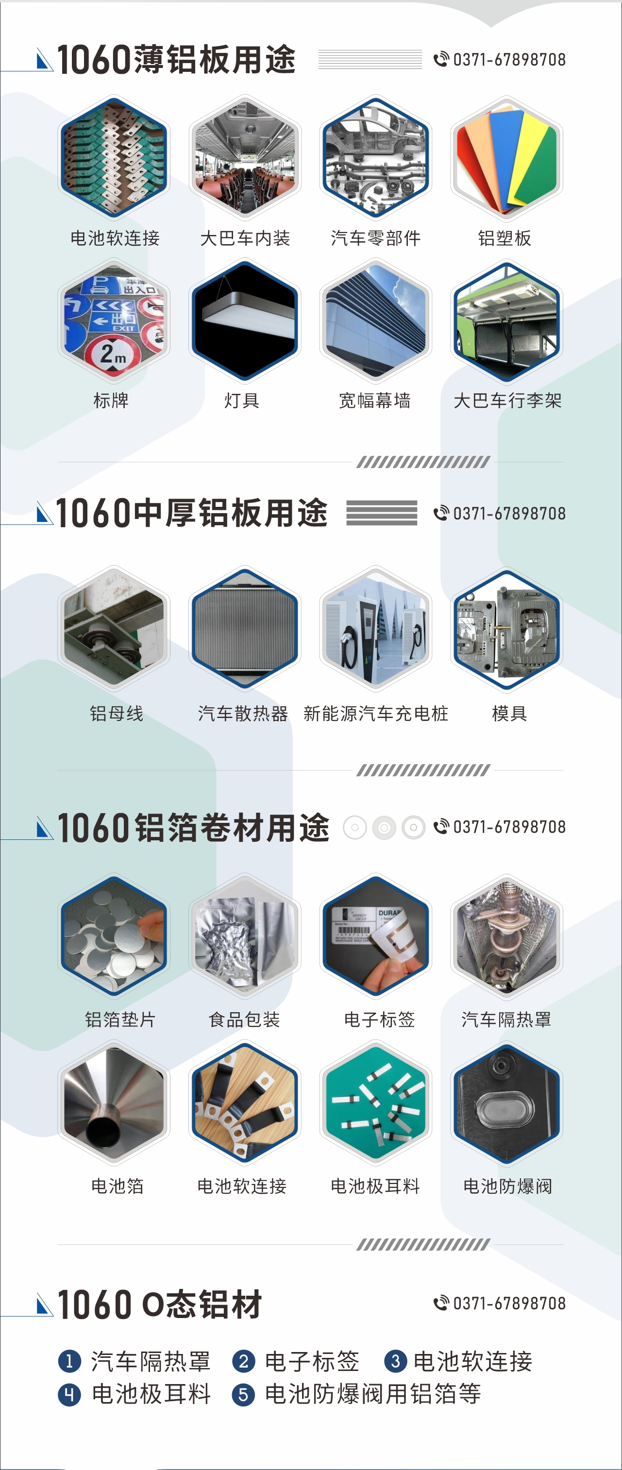1060鋁板卷用途
　　1060鋁薄板用途： 電池軟連接、大巴車內(nèi)裝、汽車零部件、鋁塑板、標牌、燈具、寬幅幕墻、大巴車行李架/地板/花紋板(宇通公司使用)等;1060中厚鋁板用途：鋁母線、汽車散熱器、新能源汽車充電樁、模具等;1060鋁箔卷材用途：鋁箔墊片、食品包裝、電子標簽、汽車隔熱罩用鋁箔、電池箔、電池軟連接、電池極耳料、電池防爆閥等;1060-O態(tài)鋁材用途：汽車隔熱罩、電子標簽、電池軟連接、電池極耳料、電池防爆閥用鋁箔等;1060鋁板多少錢1噸.1060鋁板價格=發(fā)貨當天長江鋁錠價+加工費