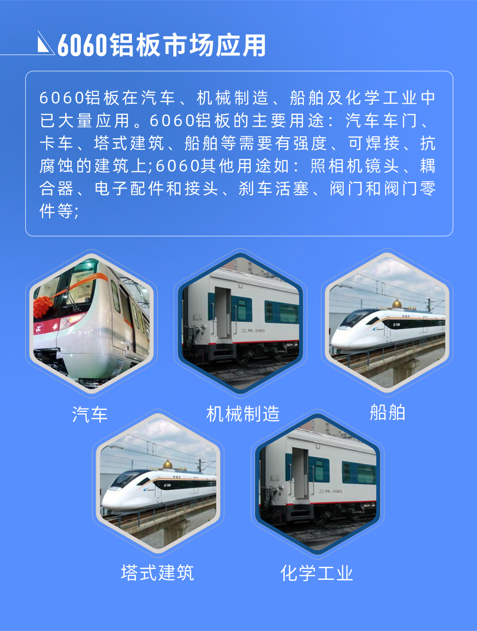 6060鋁板標準對照
美國鋁業(yè)協(xié)會(AA) 6060，UNS A96060，ISO R209 AlMgSi;6060鋁板市場應(yīng)用:
6060鋁板在汽車、機械制造、船舶及化學工業(yè)中已大量應(yīng)用。6060鋁板的主要用途：汽車車門、卡車、塔式建筑、船舶等需要有強度、可焊接、抗腐蝕的建筑上;6060其他用途如：照相機鏡頭、耦合器、電子配件和接頭、剎車活塞、閥門和閥門零件等;

