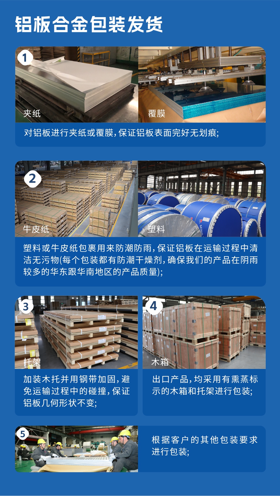 1、對鋁板進(jìn)行夾紙或覆膜，保證鋁板表面完好無劃痕；2、塑料或牛皮紙包裹用來防潮防雨，保證鋁板在運(yùn)輸過程中清潔無污物(每個包裝都有防潮干燥劑，確保我們的產(chǎn)品在陰雨較多的華東跟華南地區(qū)的產(chǎn)品質(zhì)量)；3、加裝木托并用鋼帶加固，避免運(yùn)輸過程中的碰撞，保證鋁板幾何形狀不變；4、出口產(chǎn)品，均采用有熏蒸標(biāo)示的木箱和托架進(jìn)行包裝；5、根據(jù)客戶的其他包裝要求進(jìn)行包裝。
