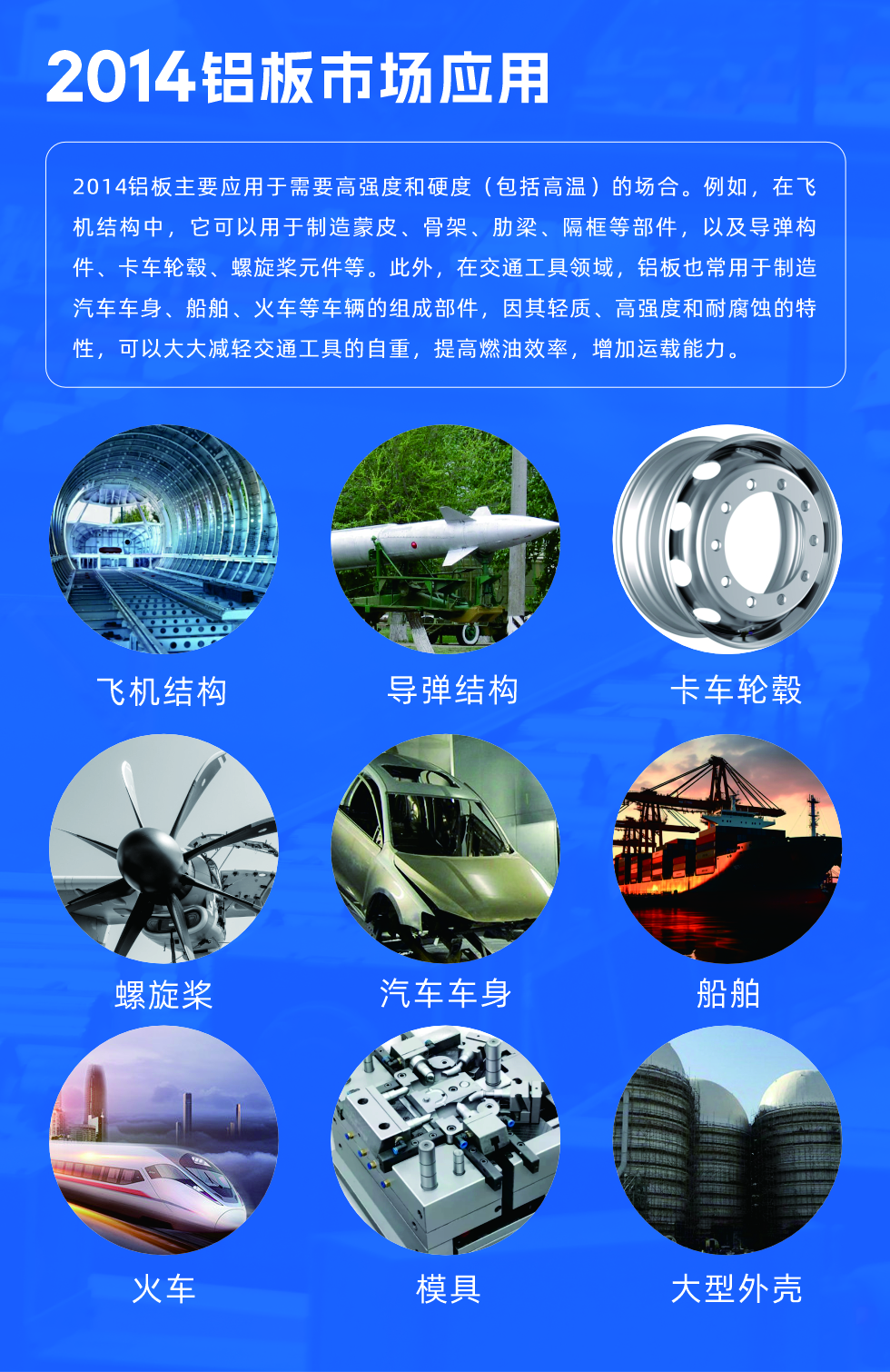 2014鋁板用途:
2014鋁板主要應(yīng)用于需要高強(qiáng)度和硬度（包括高溫）的場(chǎng)合。例如，在飛機(jī)結(jié)構(gòu)中，它可以用于制造蒙皮、骨架、肋梁、隔框等部件，以及導(dǎo)彈構(gòu)件、卡車(chē)輪轂、螺旋槳元件等。此外，在交通工具領(lǐng)域，鋁板也常用于制造汽車(chē)車(chē)身、船舶、火車(chē)等車(chē)輛的組成部件，因其輕質(zhì)、高強(qiáng)度和耐腐蝕的特性，可以大大減輕交通工具的自重，提高燃油效率，增加運(yùn)載能力。
